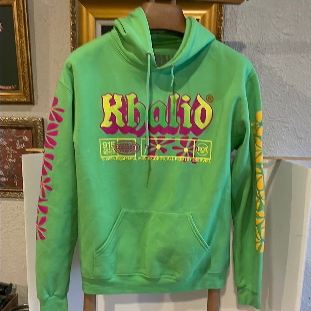 Khalid Green Hoodie with Pink and Yellow Details